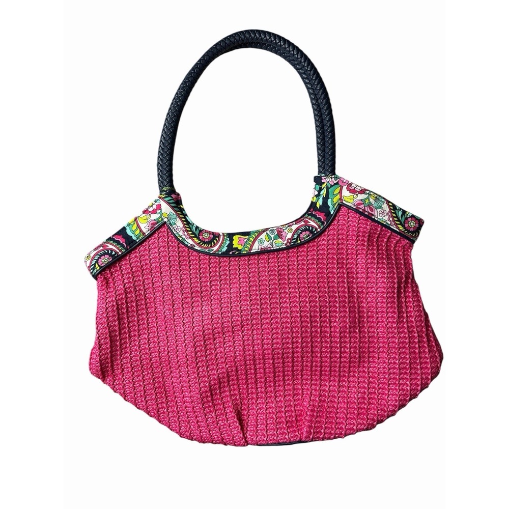 Vera Bradley Purse Pink Straw Bucket Tote Petal Paisley Pattern Shoulder Bag P2